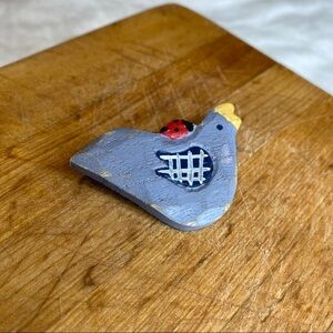 Artist Signed Hand Painted Wooden Bird With Ladybug Brooch Pin Multicolored